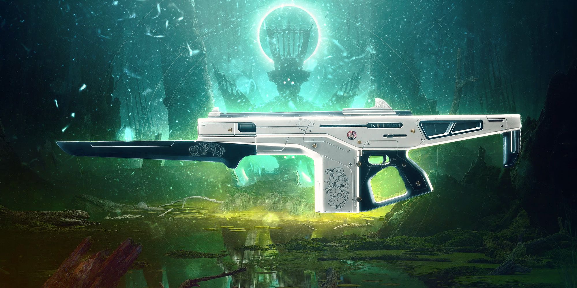 The Monte Carlo Exotic Auto Rifle featured over an art of Destiny 2's Witch Queen.