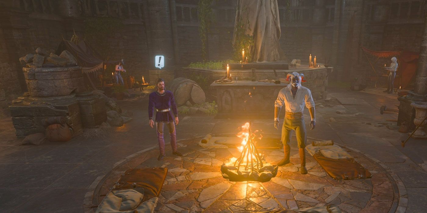 Gale at a campfire with a companion in Baldur's Gate 3. 