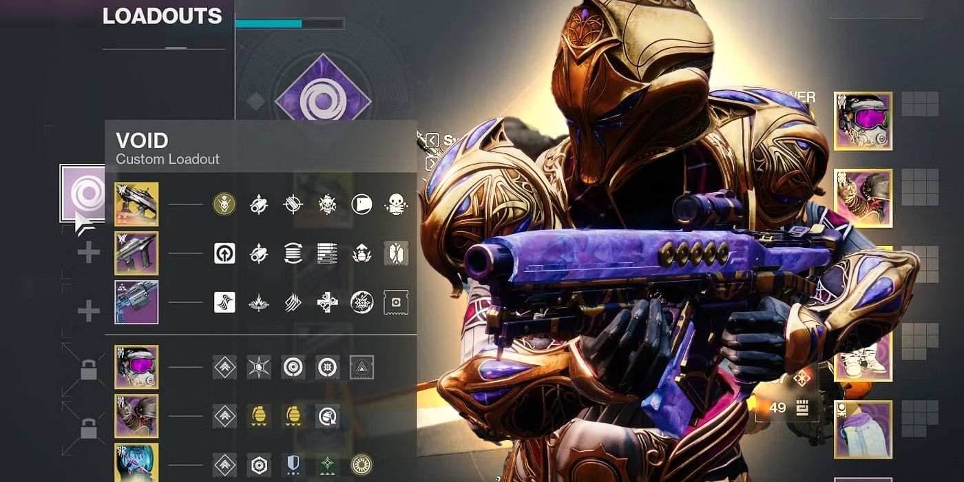 A screenshot featuring Destiny 2 loadouts on the left with a Titan aiming a Perpetualis Auto Rifle on the right.