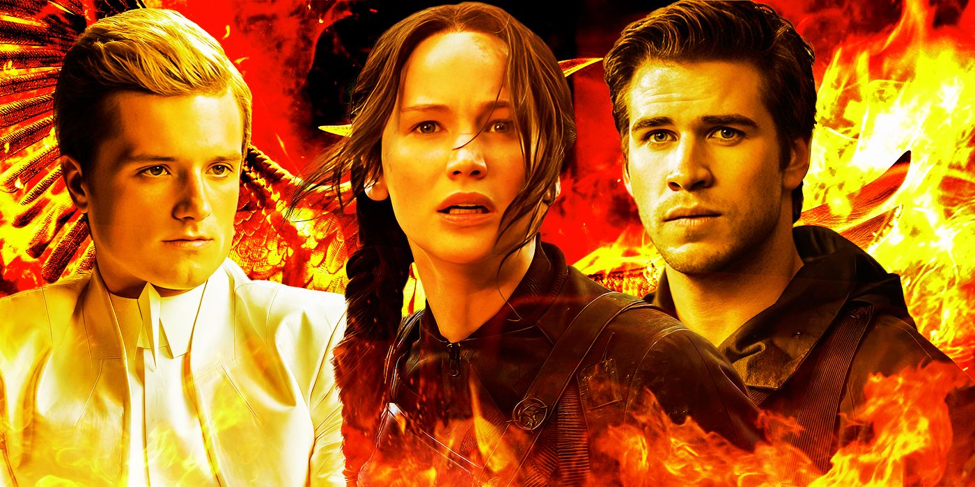 Hunger Games collage of Katniss, Peeta and Gale surrounded by fiery imagery