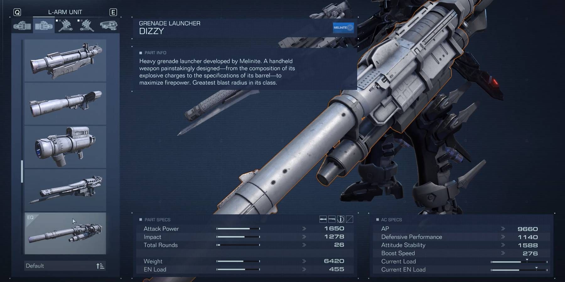 Armored Core 6 Dizzy Grenade Launcher Explosive Weapon from Assembly Menu