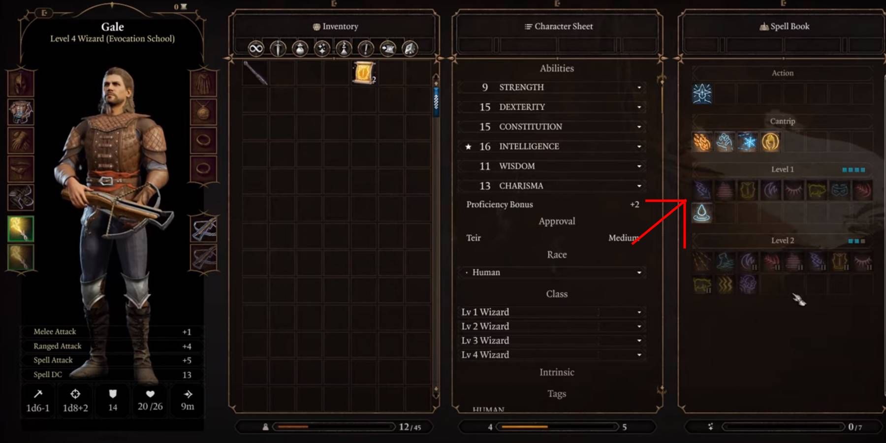 Baldur&rsquo;s Gate 3 Spellbook for Equipping Spells from the Character Sheet