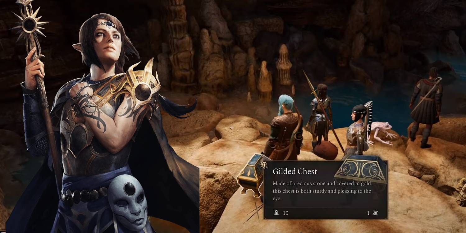 Baldur's Gate 3 Baú Dourado com Shadowheart Perto da Estátua de Selune Puzzle