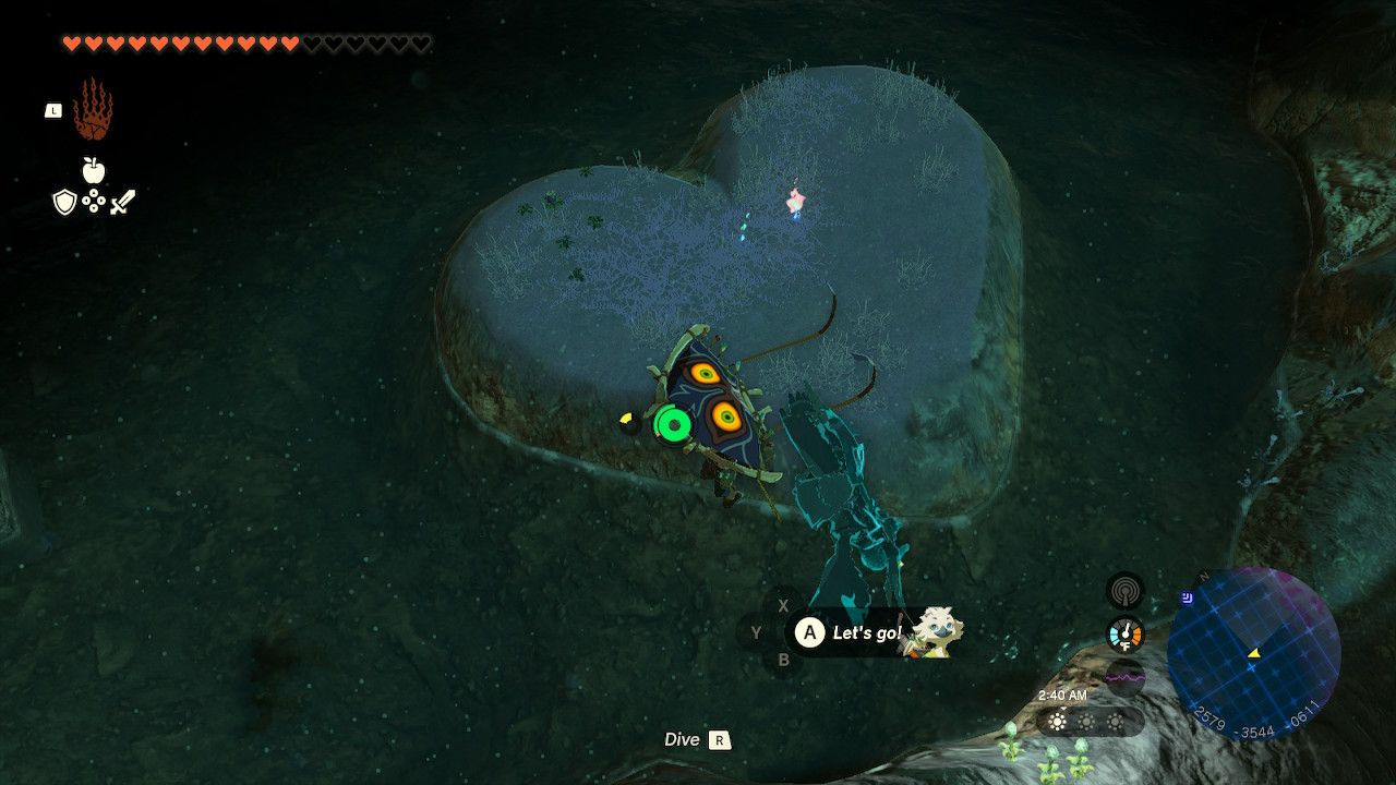 Two poes sitting on a heart island in the depths of Zelda: Tears of the Kingdom.