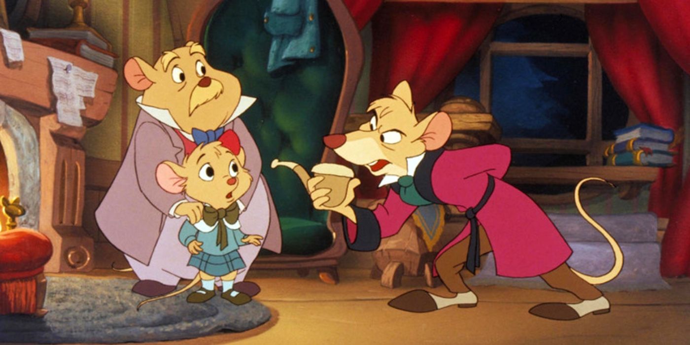 The Great Mouse Detective: Basil points his pipe at Olivia and Val.