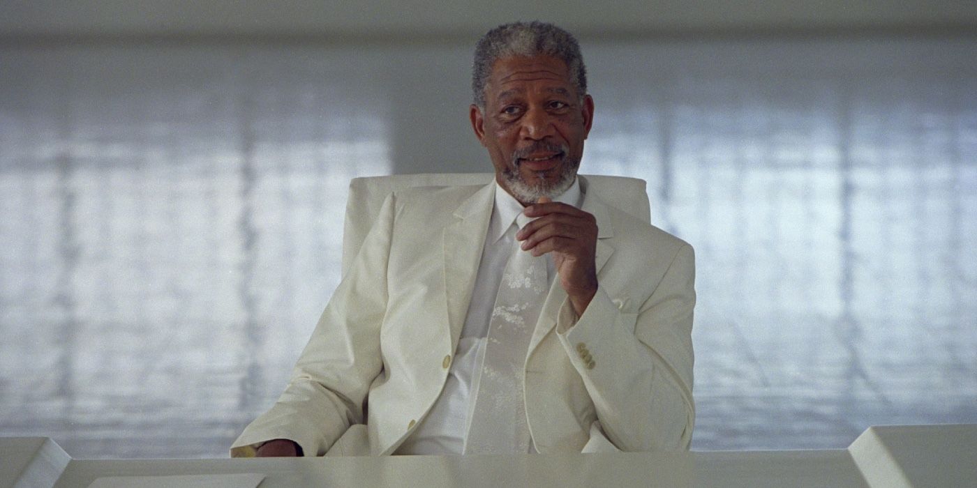 Morgan Freeman in Bruce Almighty as God in a white suit 