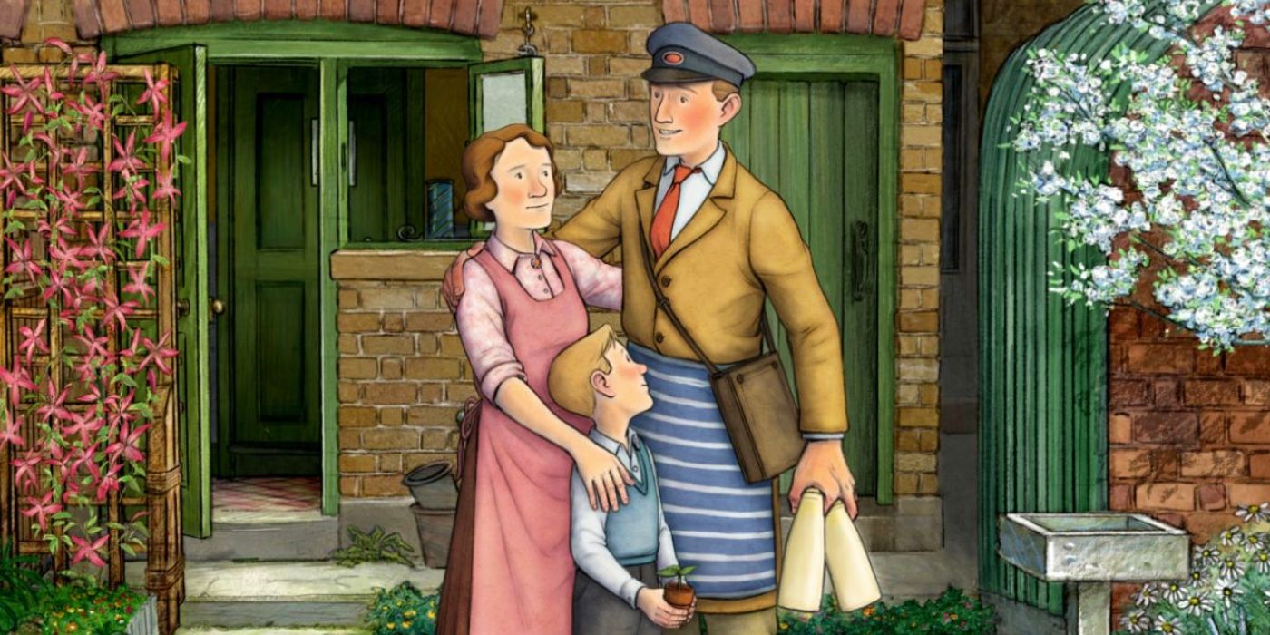 Ethel &amp; Ernest: Ethel, Ernest and their son, embracing in front of their house