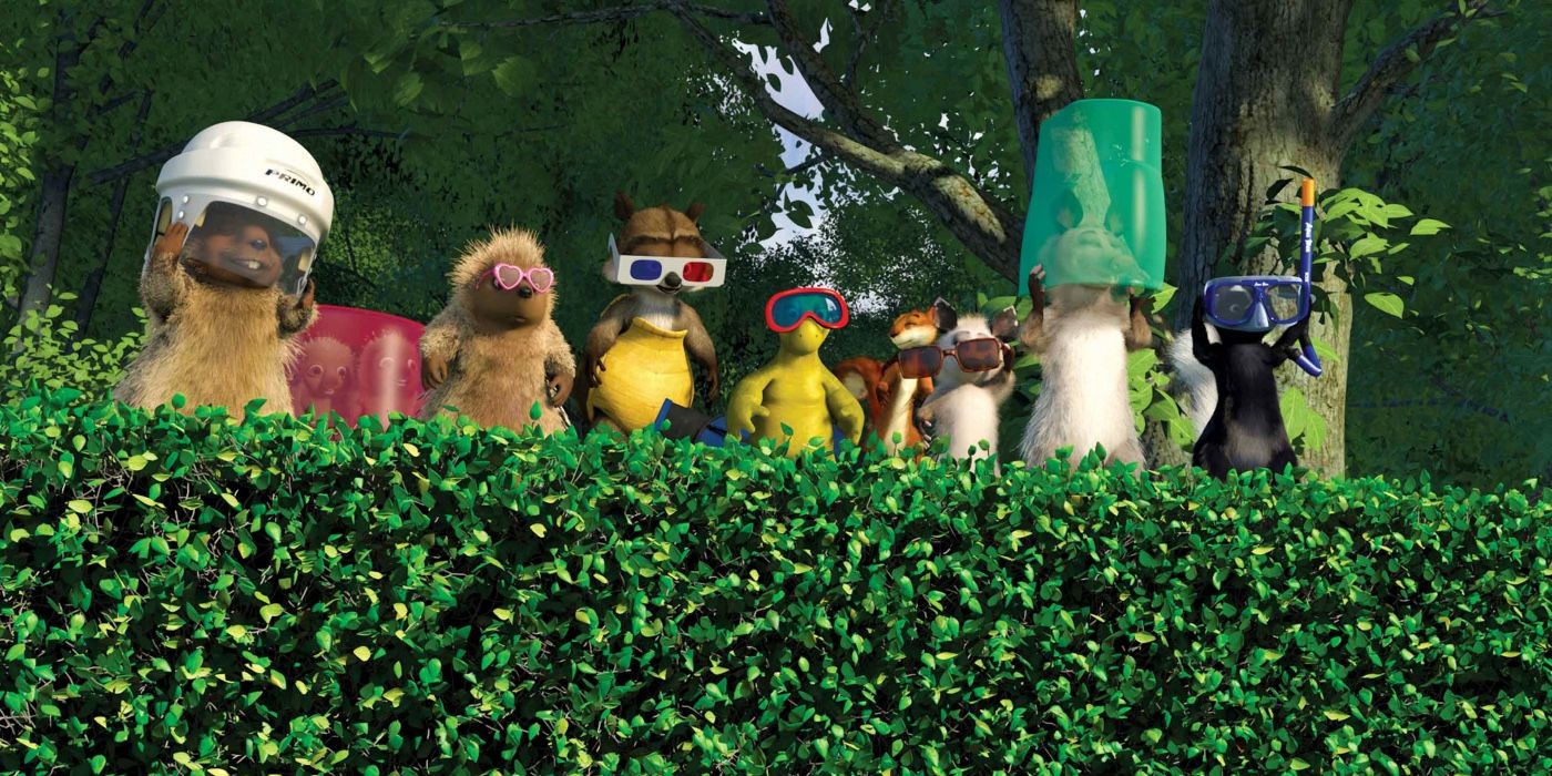 Over The Hedge: The animals looking over the hedge with various forms of eye covering 