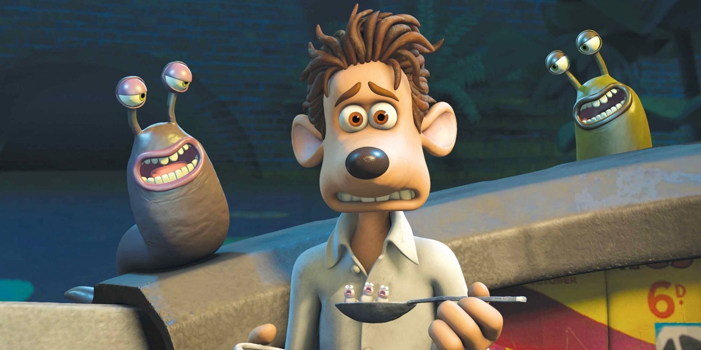 Roddy holding a spoon and surrounded by slugs in Flushed Away