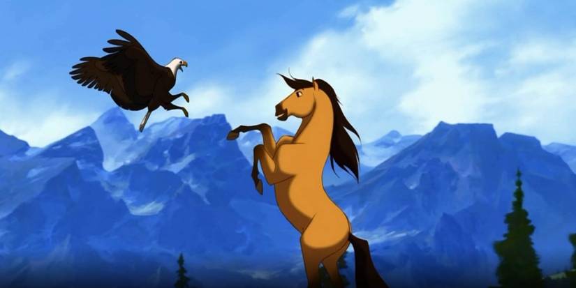 Spirit: Stallion of the Cimarron: Spirit on his hind legs with his eagle friend