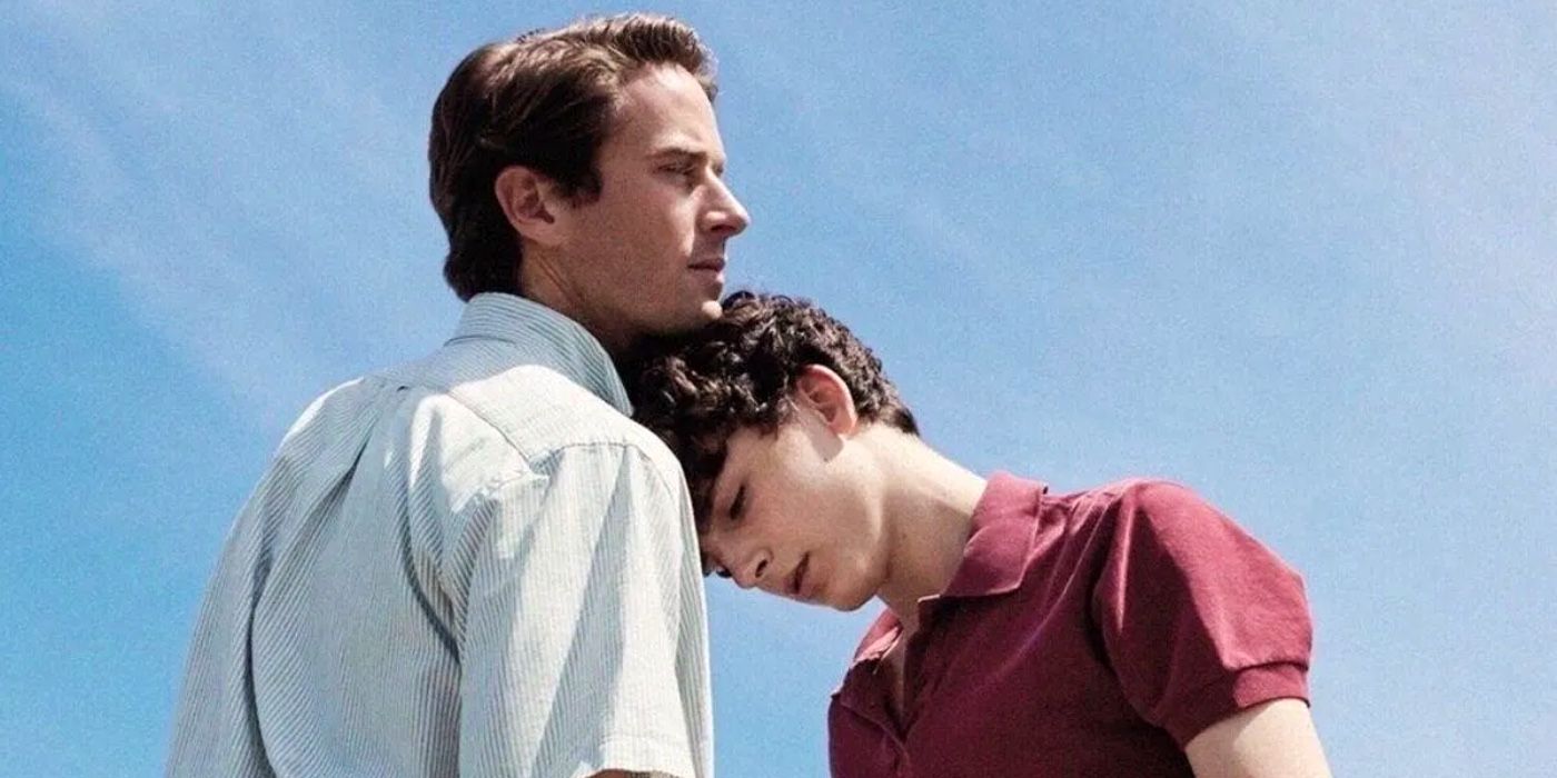 Elio leaning his head on Oliver's chest in Call Me By Your Name. 