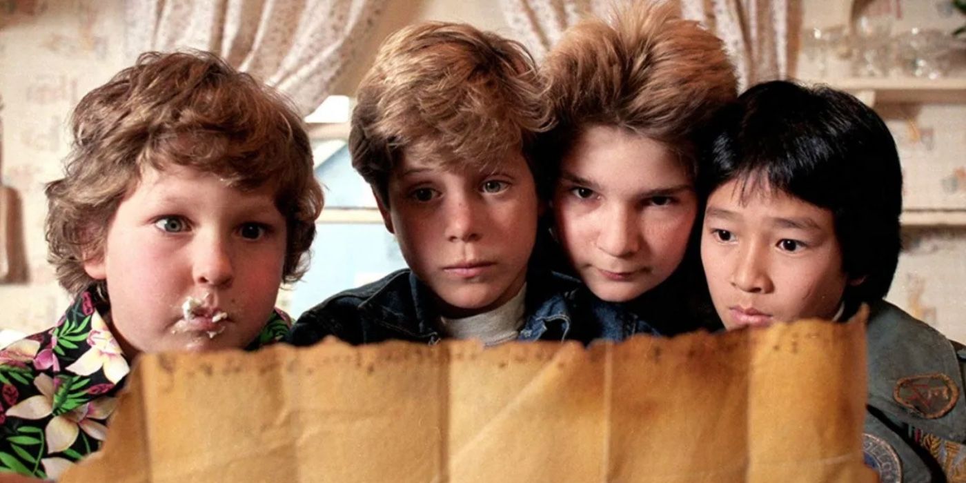  Four of The Goonies looking at a map, in The Goonies