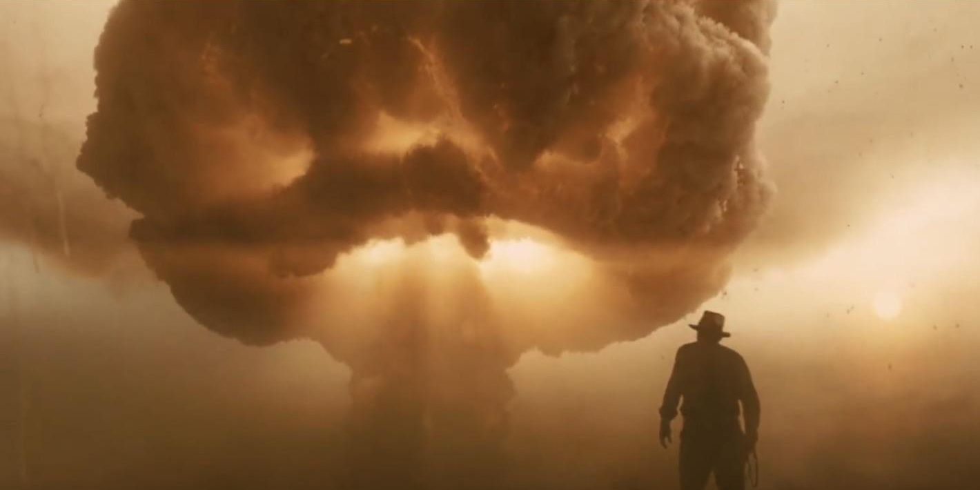 Indy watches a mushroom cloud in Indiana Jones and the Kingdom of the Crystal Skull