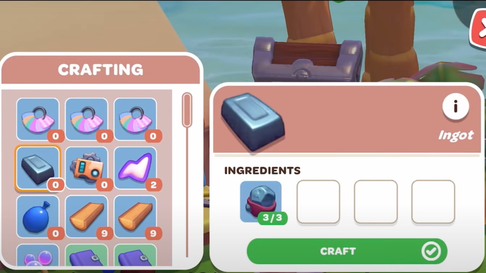 Ingot crafting screen in Hello Kitty Island Adventure