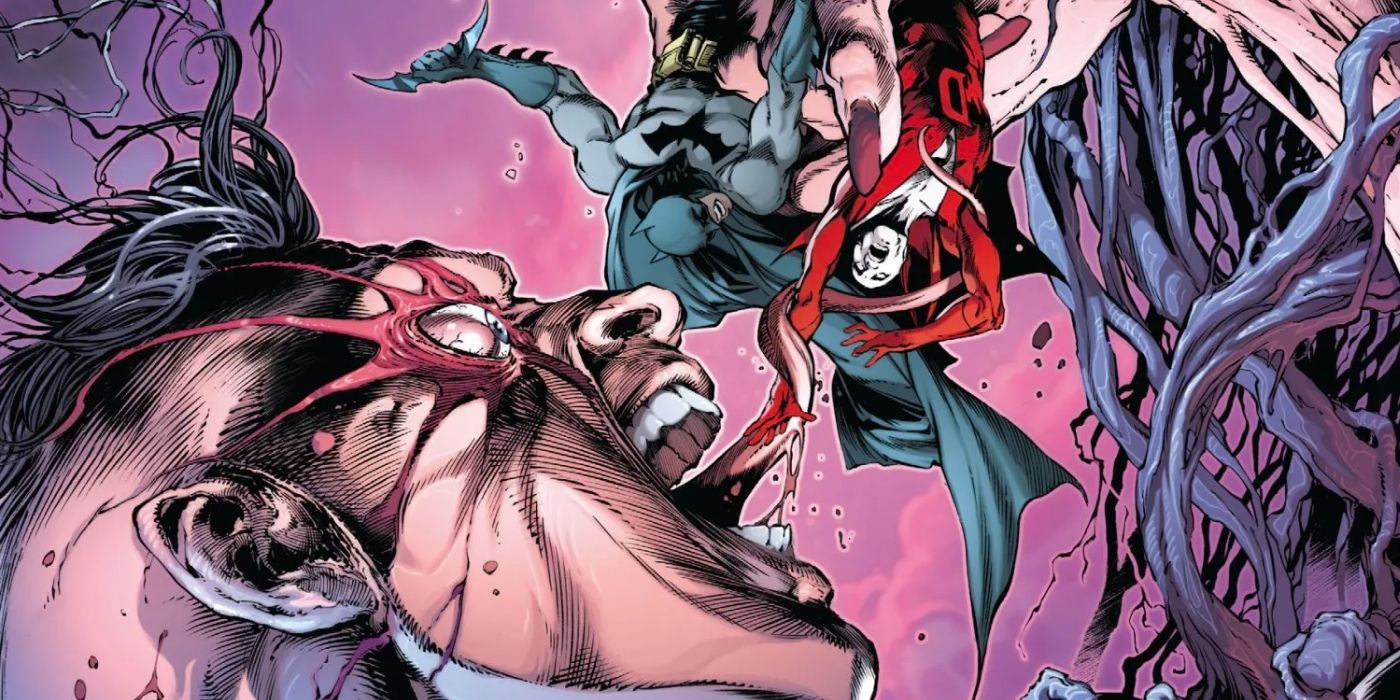 A giant version of the villain Insomnia prepares to eat Batman and Deadman