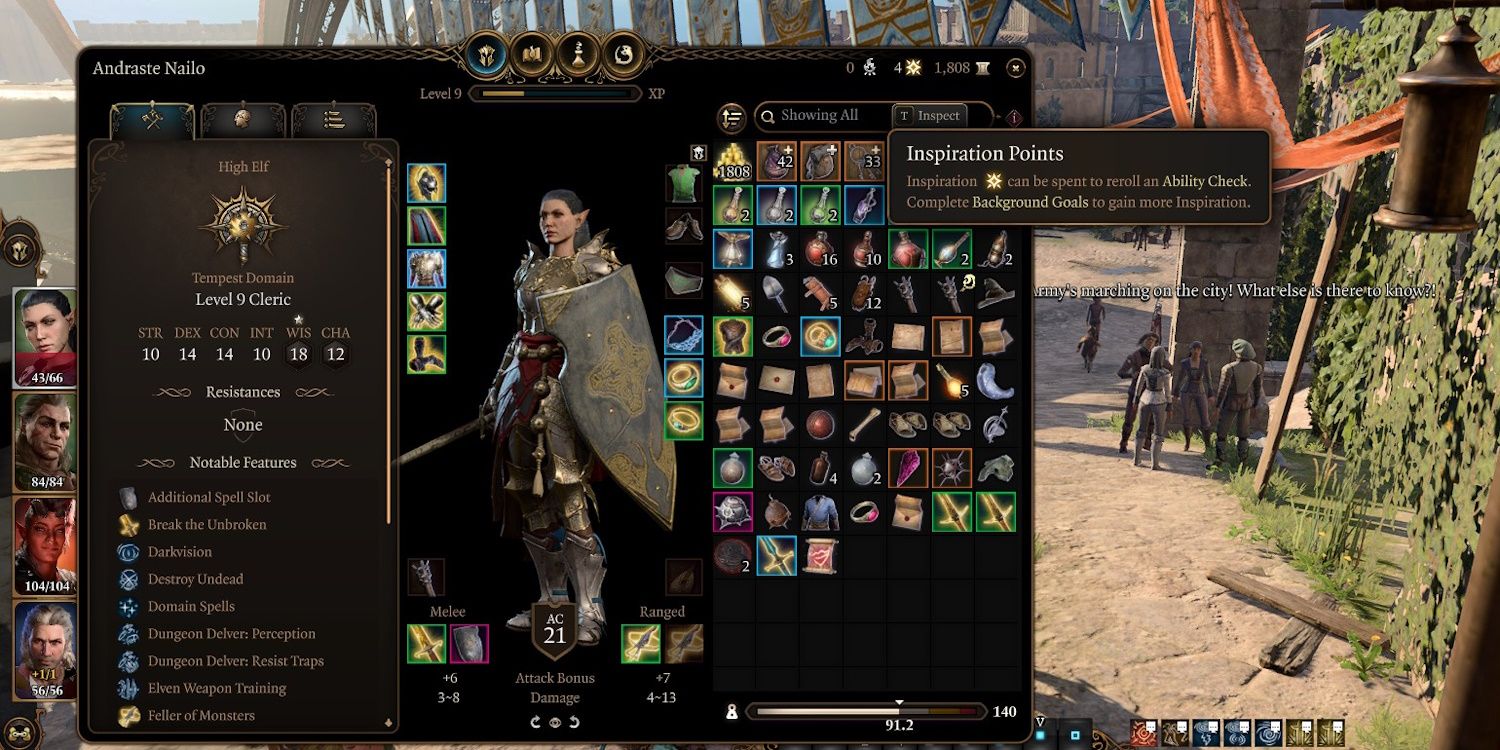 A character sheet in Baldur&rsquo;s Gate 3 showing how many inspiration points the party has.