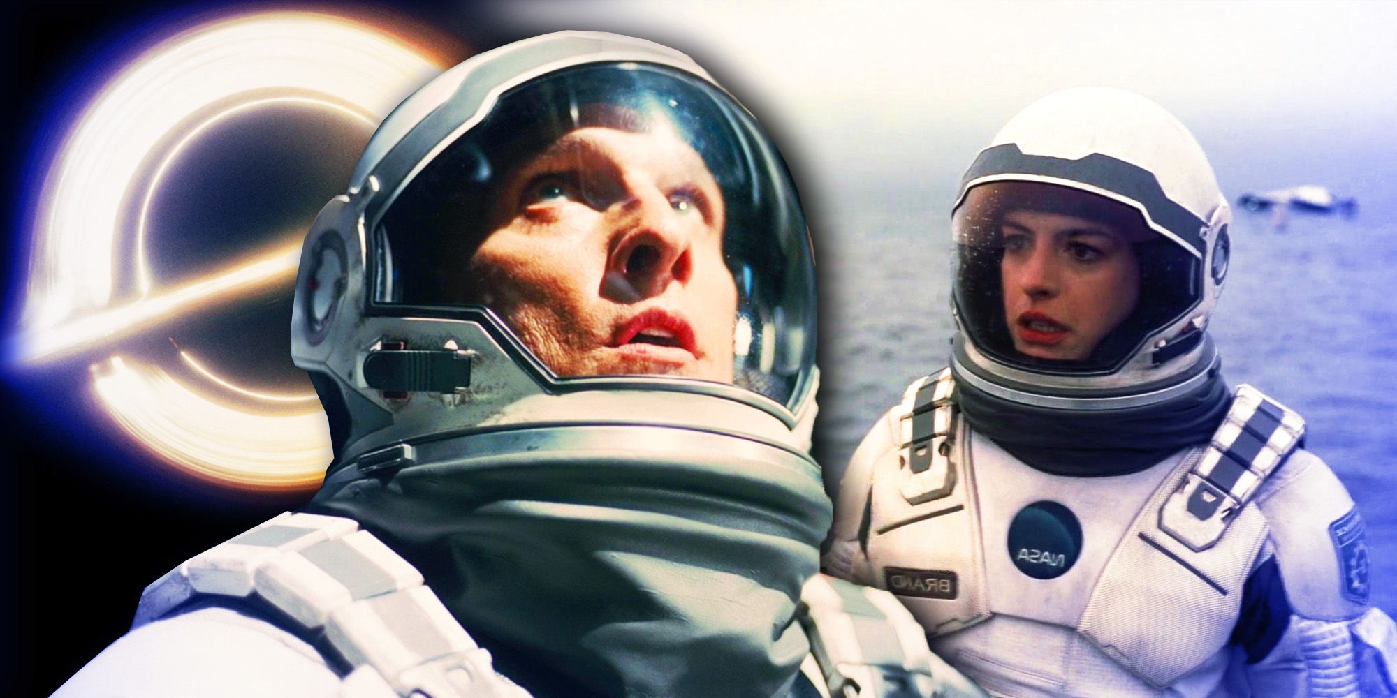 Cooper (Matthew McConaughey) and Brand (Anne Hathaway) on Miller's planet in Interstellar