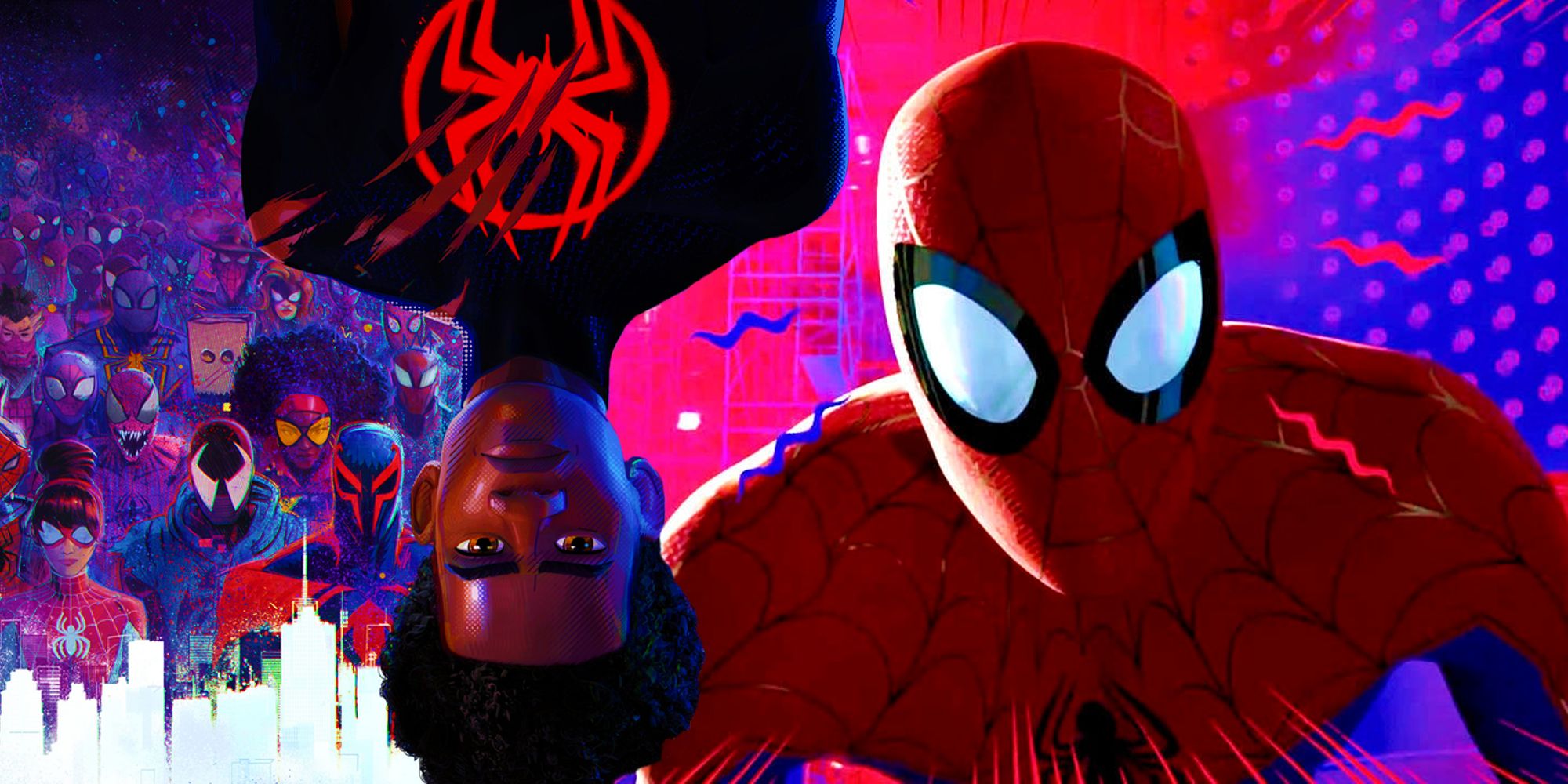 Peter Parker di Spider-Man: Into the Spider-Verse accanto al poster di Across the Spider-Verse delle varianti di Spider-Man