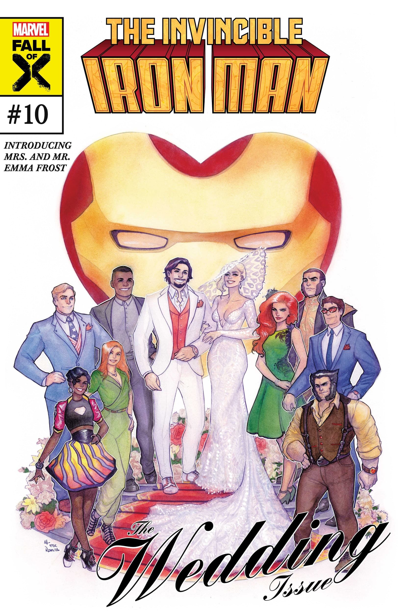 Tony Stark and Emma Frost stand in wedding attire, flanked by their hero friends.