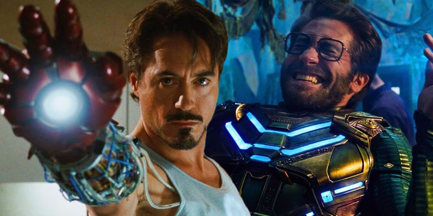 Robert Downey Jr. as Tony Stark in Iron Man and Jake Hyllenhaal as Mysterio in Spider-Man: Far From Home