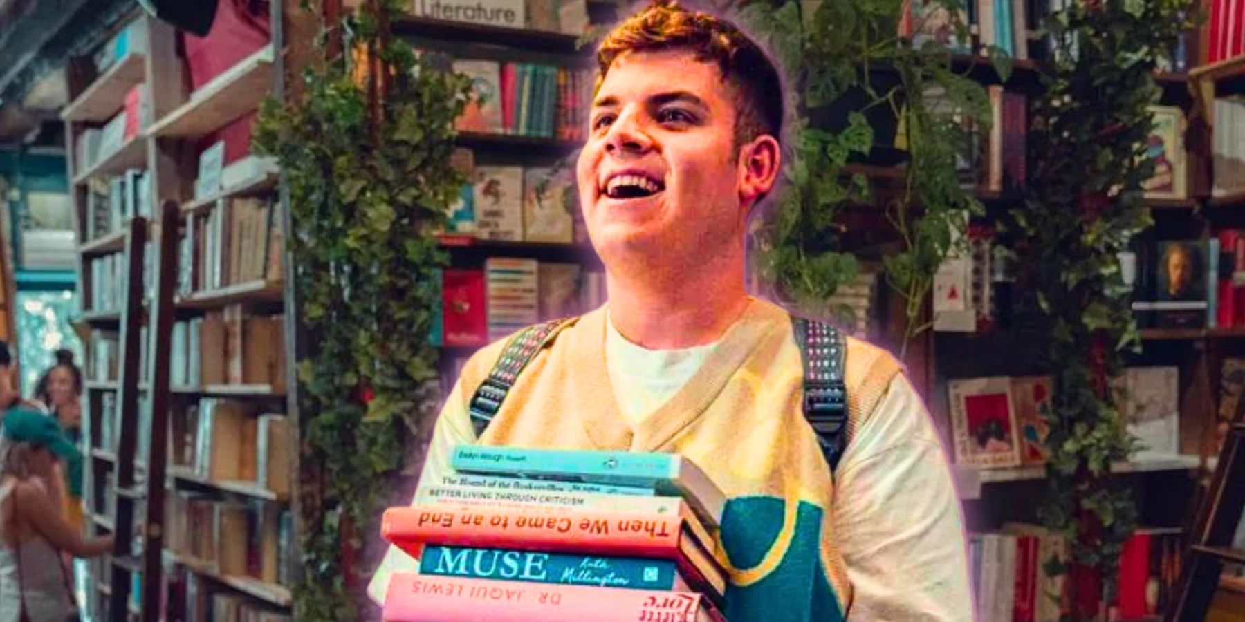 Isaac from Heartstopper looks amazed in a bookstore