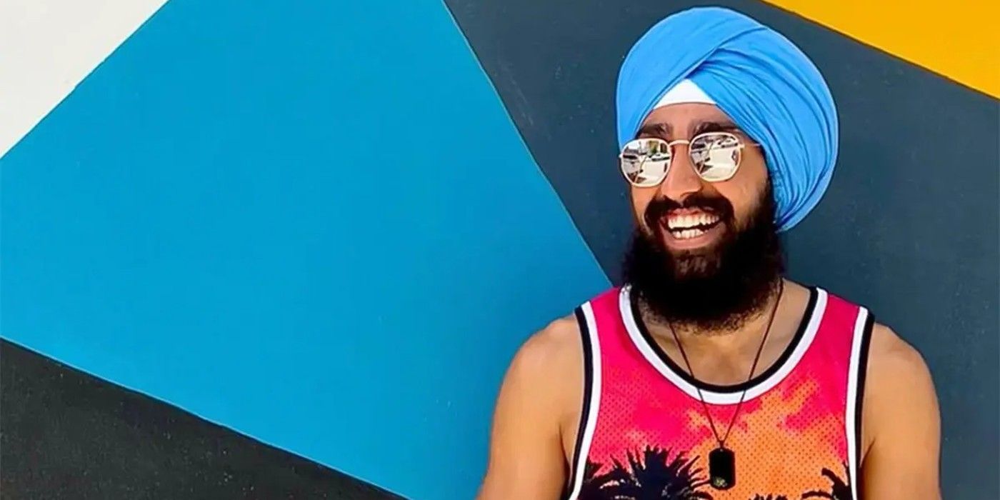 Jag Bains from Big Brother wearing sunglasses and smiling in front of colorful background