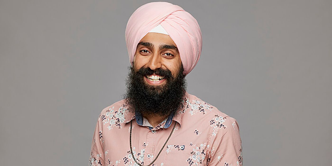 Jag Bains Big Brother pink shirt turban smiling gray background