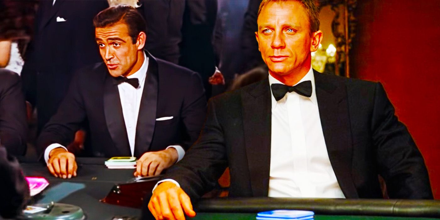 Collage of Sean Connery as James Bond playing baccarat in Dr. No and Daniel Craig as 007 playing poker in Casino Royale.
