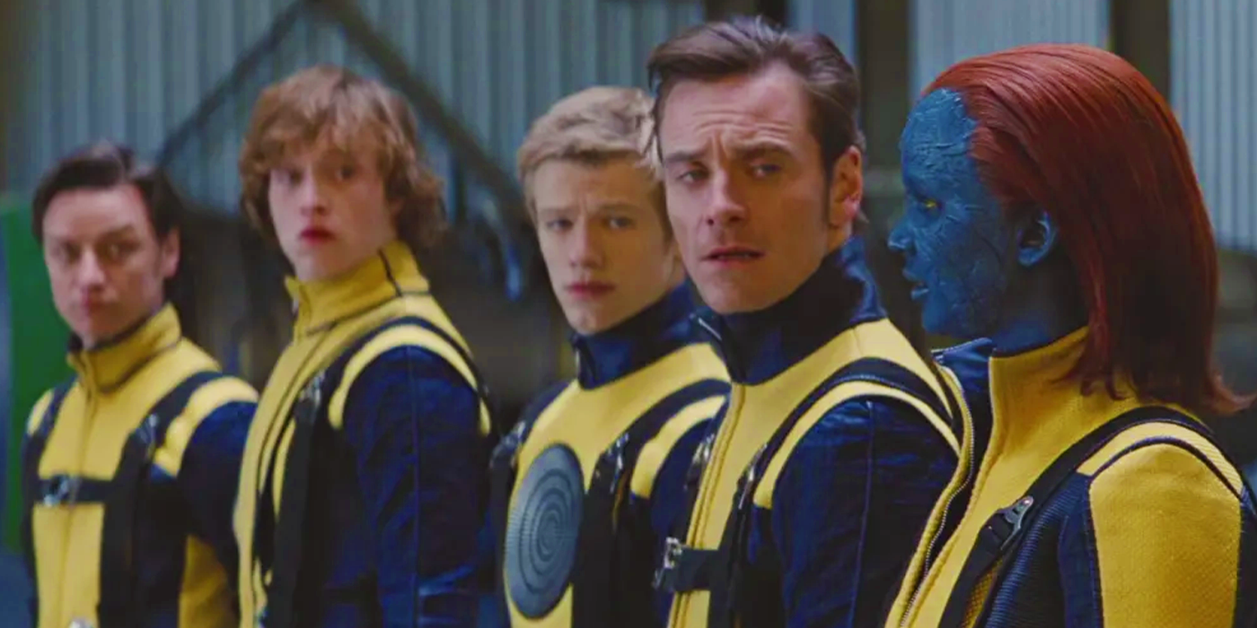 James McAvoy, Caleb Landry Jones, Lucas Till, Michael Fassbender et Jennifer Lawrence dans X-Men First Class