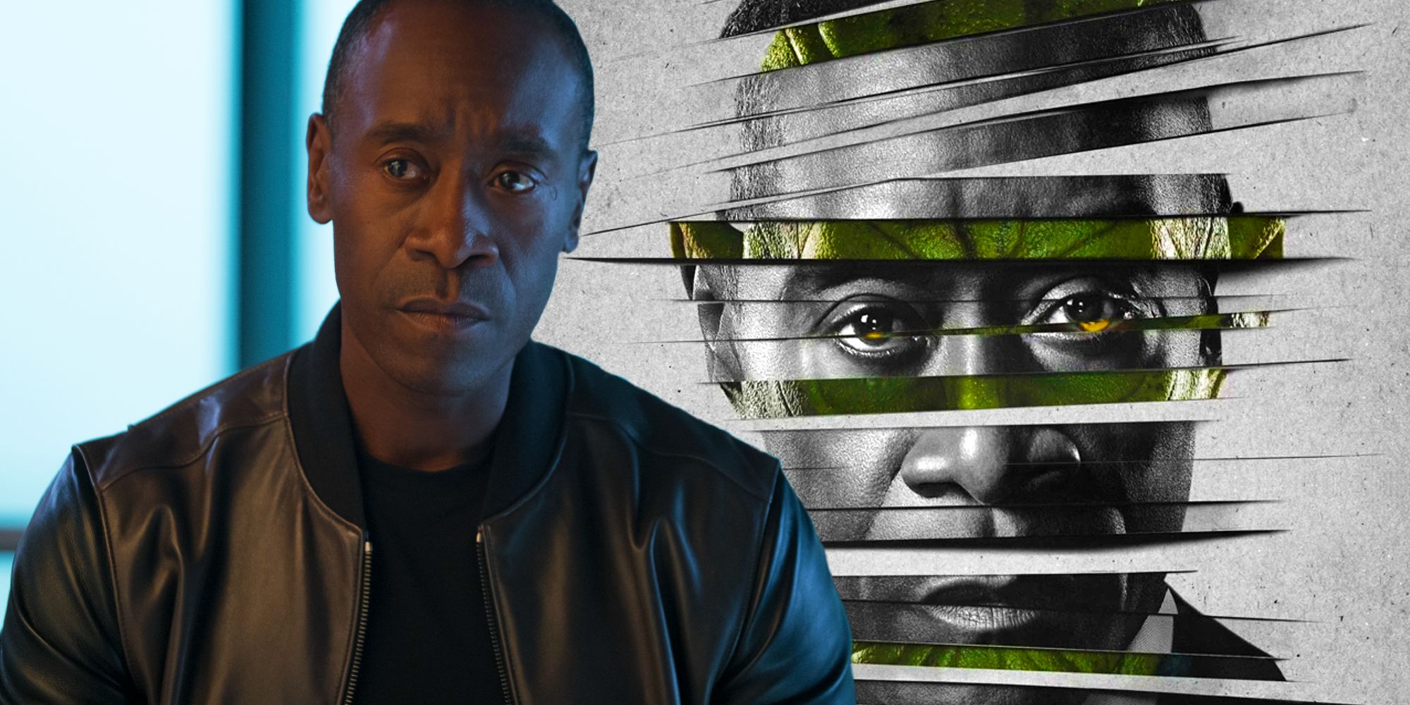 James Rhodes/War Machine from the MCU next to Rhodey’s character poster for Secret Invasion