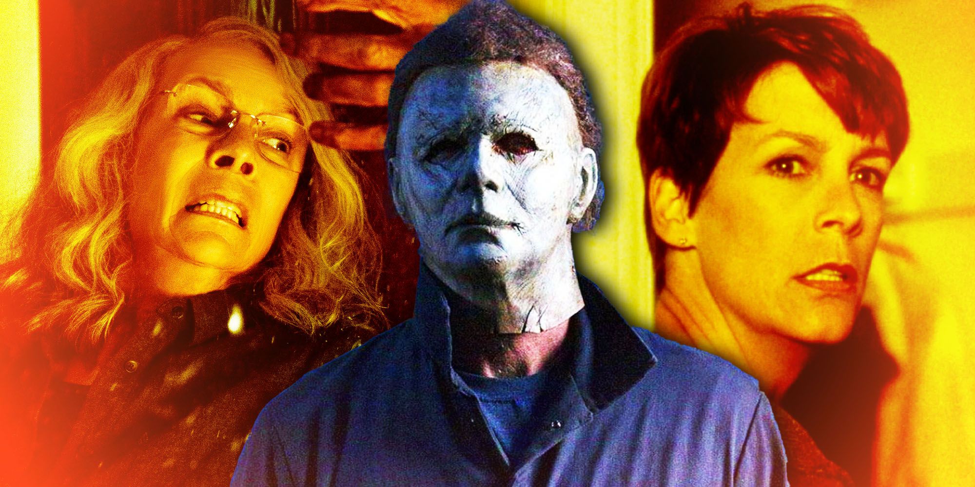 Jamie Lee Curtis as Laurie Strode in Halloween 2018 and Halloween H20 with Michael Myers
