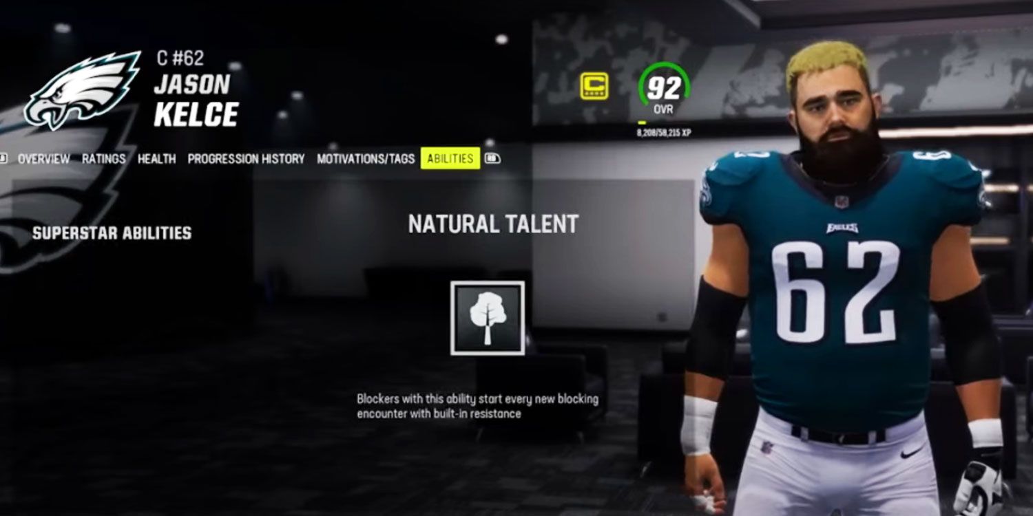 Jason Kelce in character select screen in Madden NFL 24.