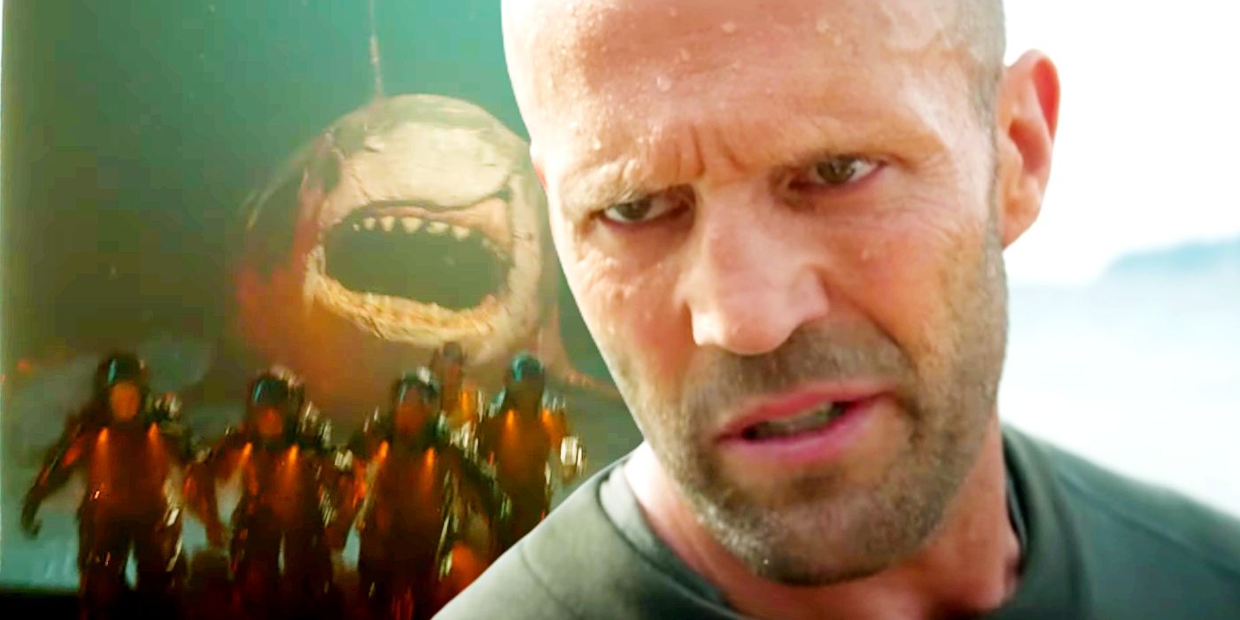 Custom image of Jason Statham and a megalodon shark chasing divers in Meg 2.