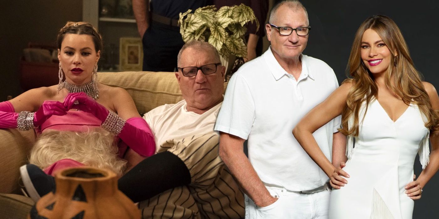 A blended image features Gloria and Jay on Halloween and Jay and Gloria in white in Modern Family