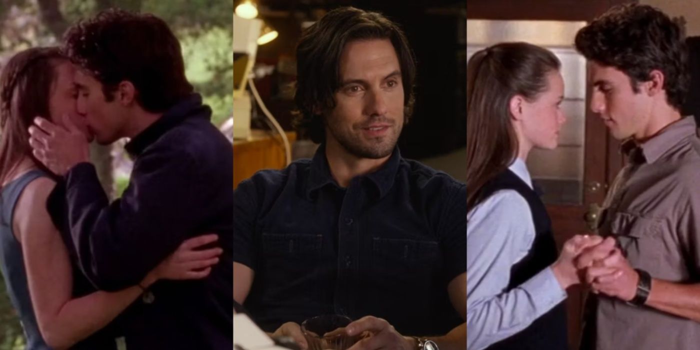 Side-by-side images feature Rory and Jess kissing in Gilmore Girls, Jess smiling in A Year In The Life, and Rory and Jess holding hands in Gilmore Girls