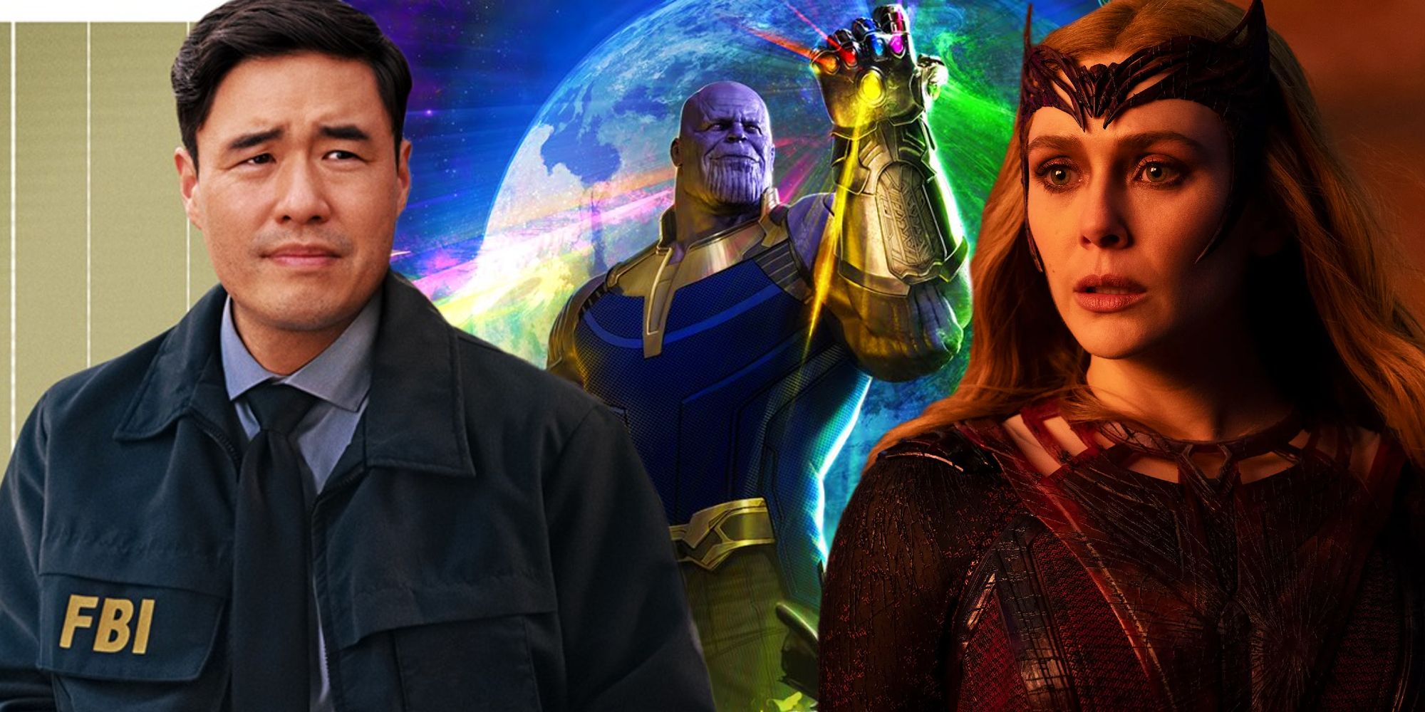 Jimmy Woo and Scarlet Witch in the MCU either side of Thanos with the Infinity Gauntlet