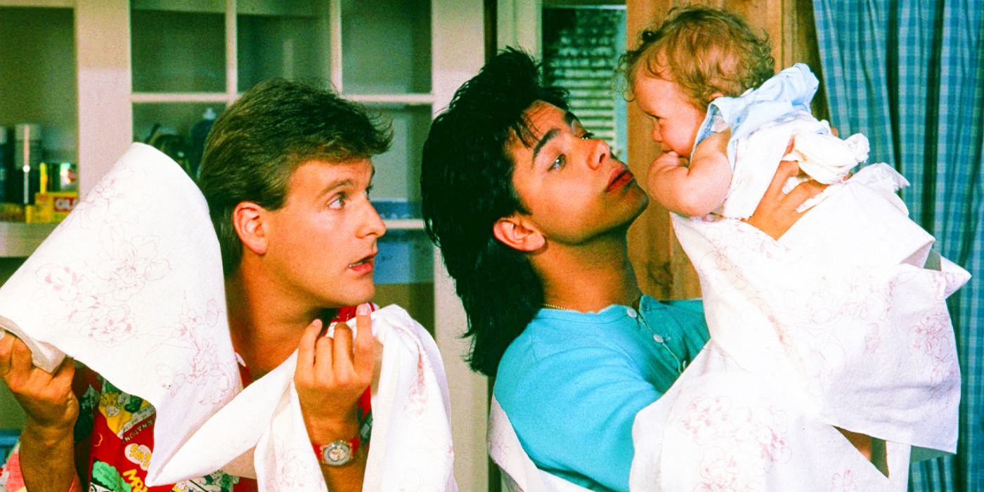 Dave Coulier as Joey, John Stamos as Jesse, and an Olsen twin as Michelle in Full House