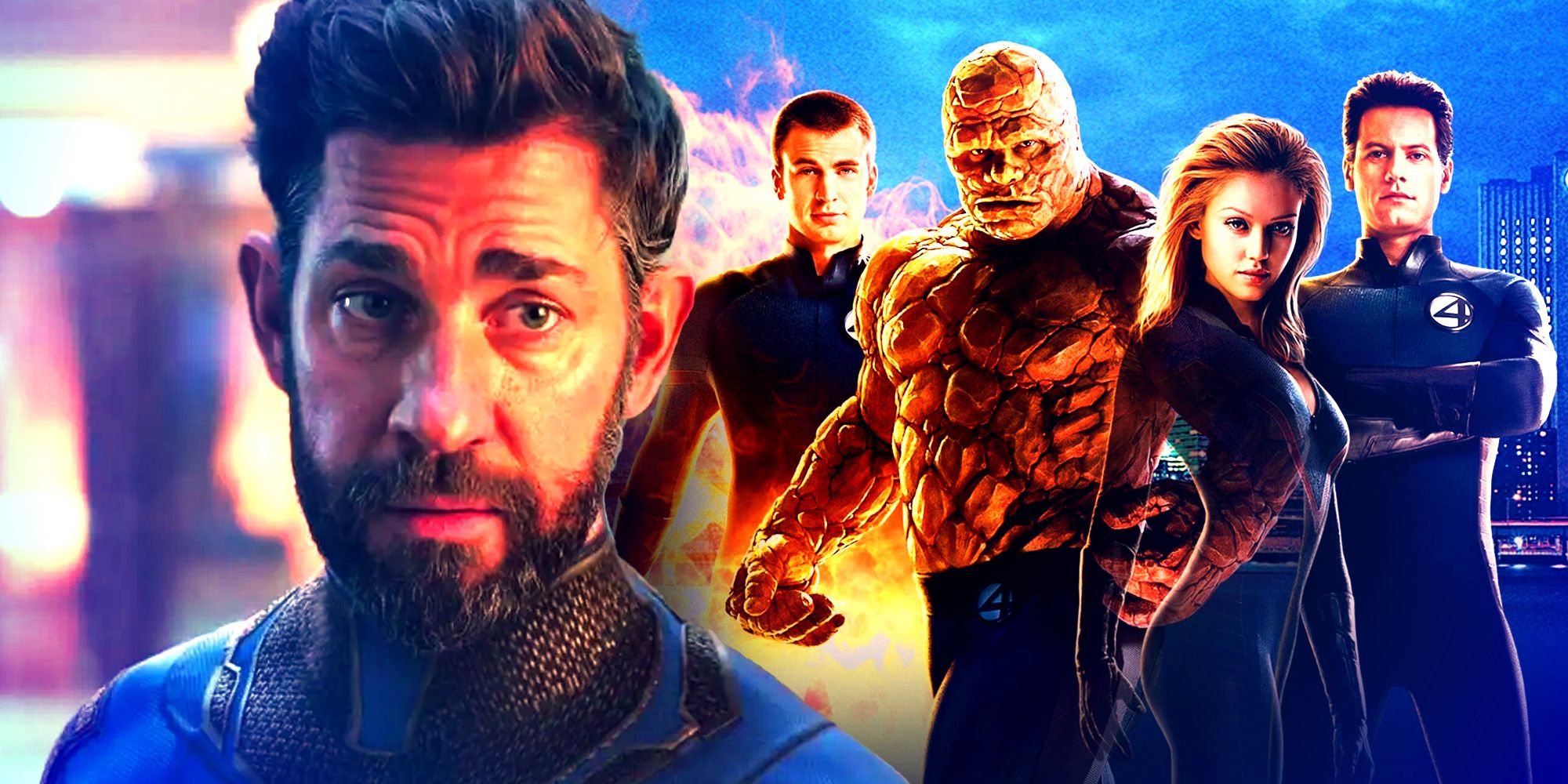 John Krasinski as Reed Richards in the MCU with the cast of Fantastic Four 2005