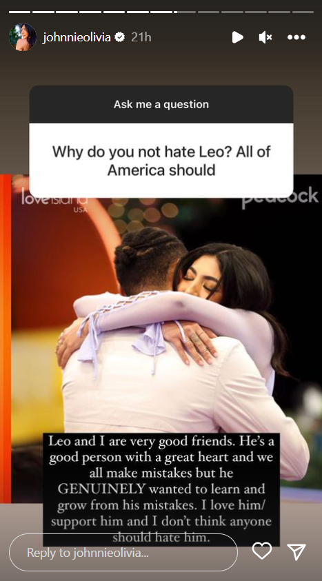 Love Island USA star Johnny Garcia’s Instagram Story about Leo