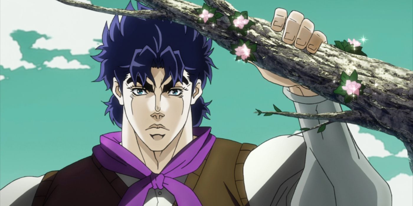 JoJo Jonathan Joestar holding a tree branch with a teal sky behind him.
