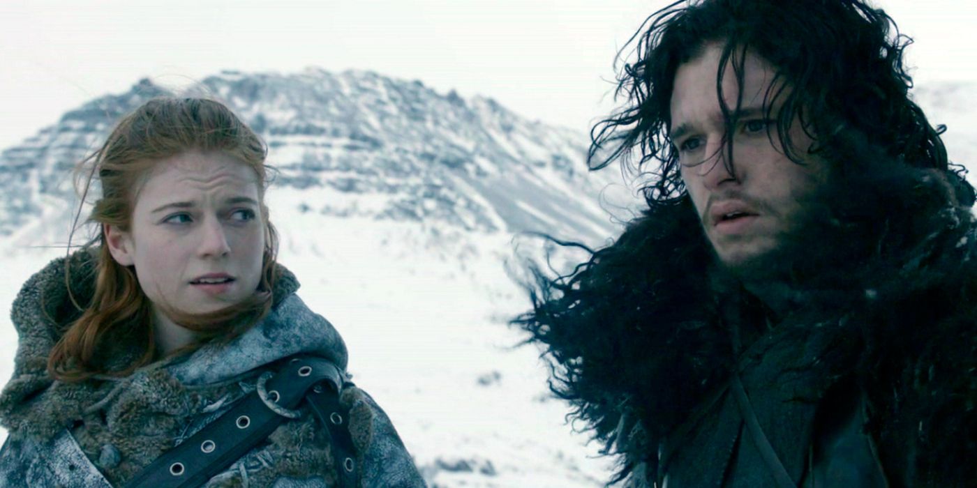 Ygritte looks at Jon Snow in Game of Thrones.