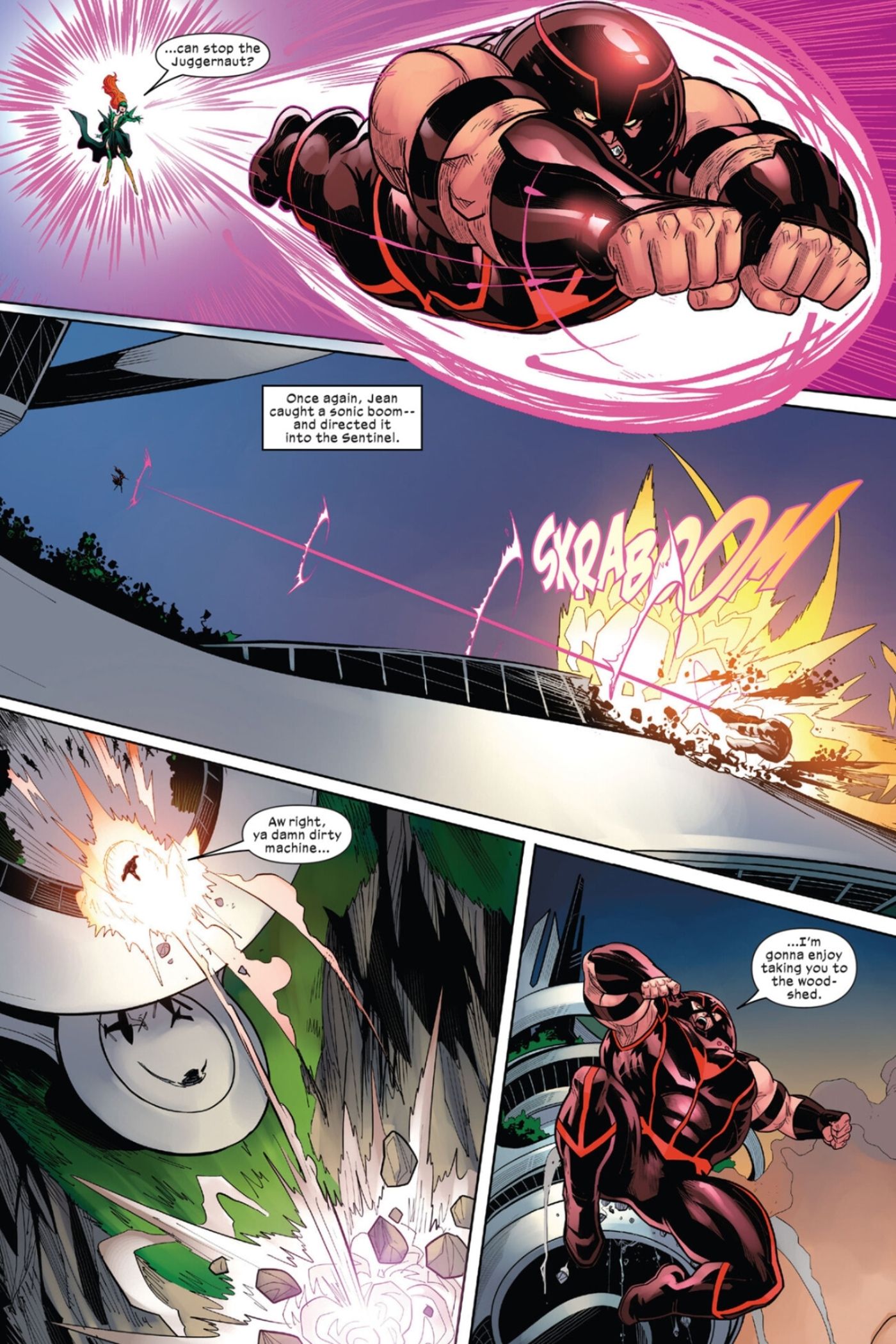 Juggernaut and Jean Grey vs Nimrod.