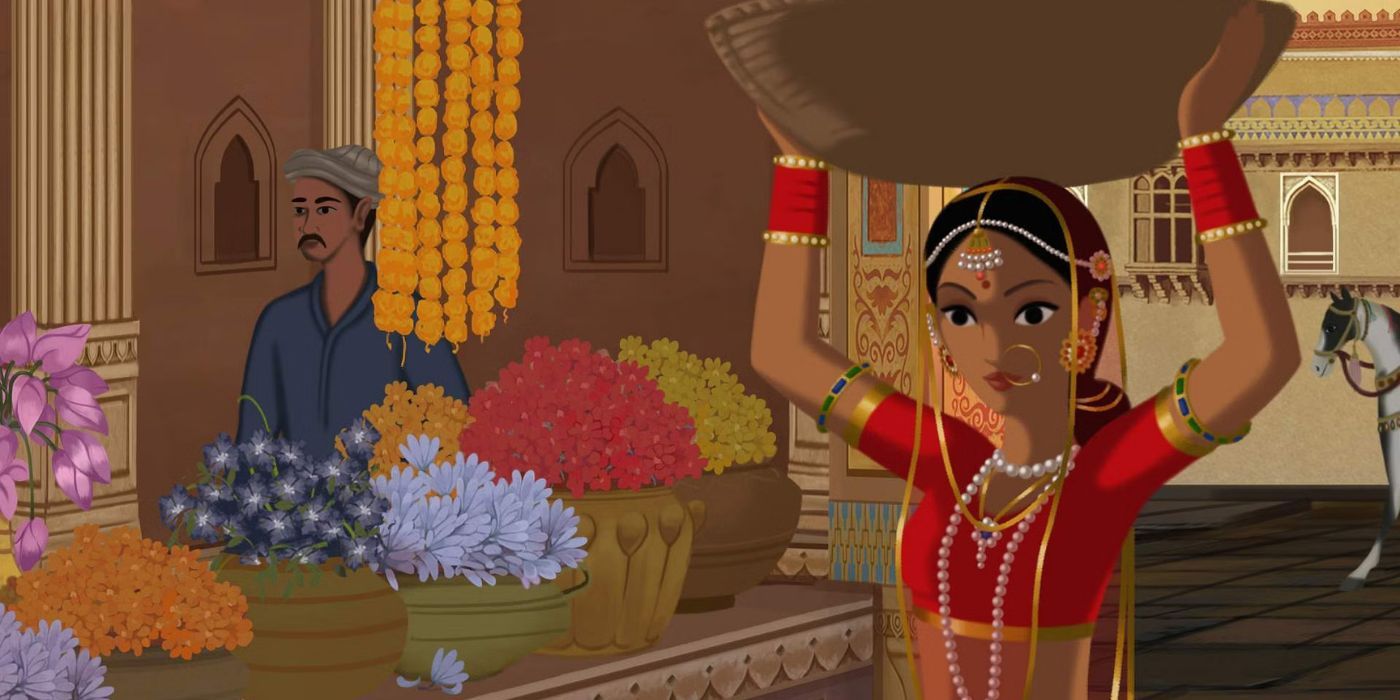 Kamala lifting a basket of flowers in Bombay Rose