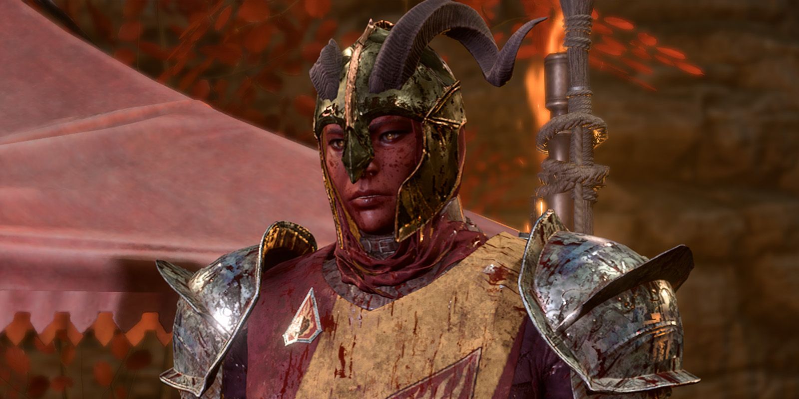 Karlach in armor and a helmet in Baldur’s Gate 3.