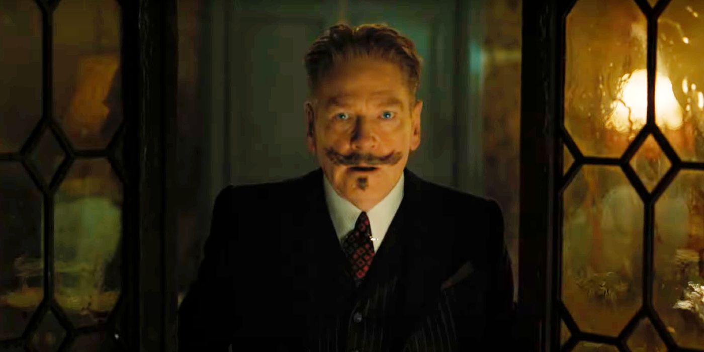 Kenneth Branagh looking surprised as Hercule Poirot in A Haunting in Venice.