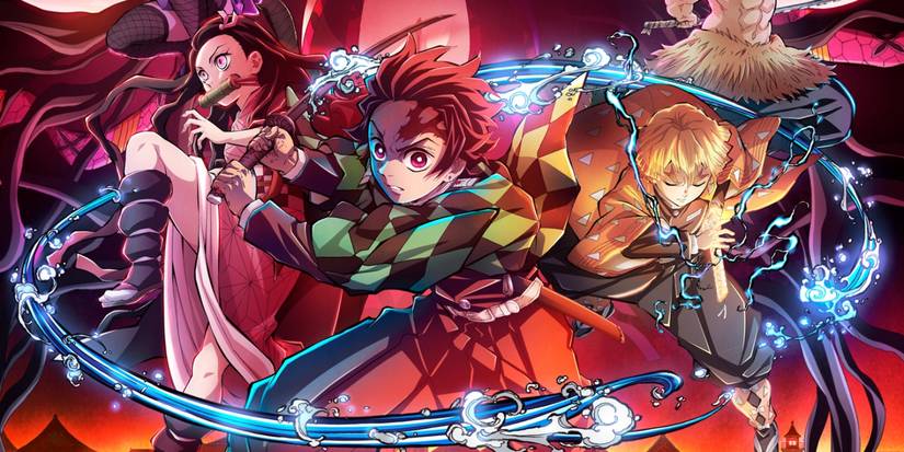 Demon Slayer's Tanjiro with water flowing around his blade alongside Nezuko and Zenitsu.