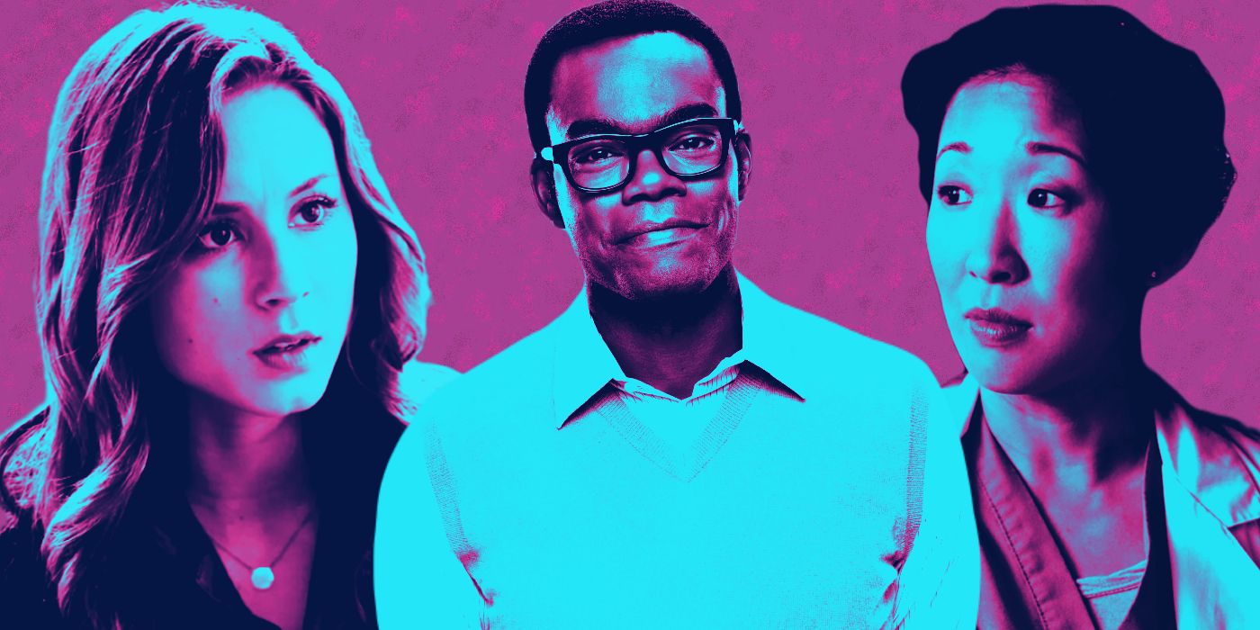 This image shows Spencer, Chidi, and Cristina in front of a textured pink backdrop.