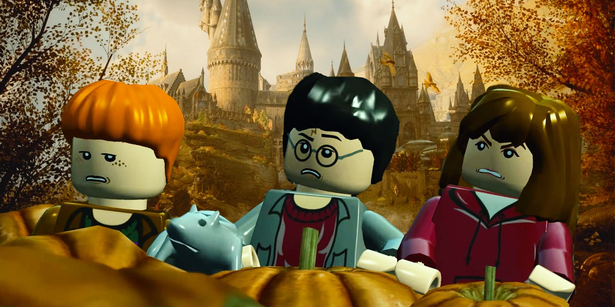 LEGO minifigure versions of Ron Weasley, Harry Potter, and Hermione Granger hiding behind a pile of pumpkins. All three have unamused looks on their faces. The background has been replaced with a shot of Hogwarts Castle from Hogwarts Legacy, where the time appears to be near dusk and the castle is framed by trees with autumn leaves.
