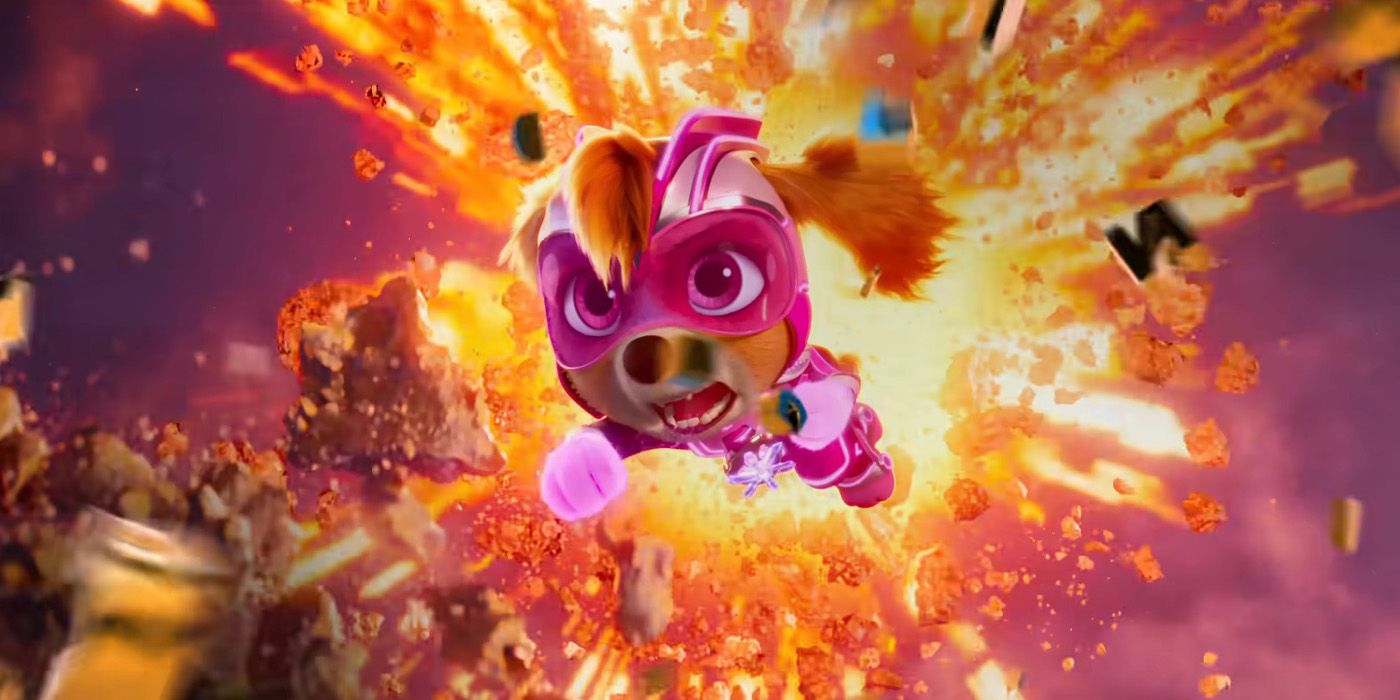 Liberty jumping out of an explosion in PAW Patrol The Mighty Movie