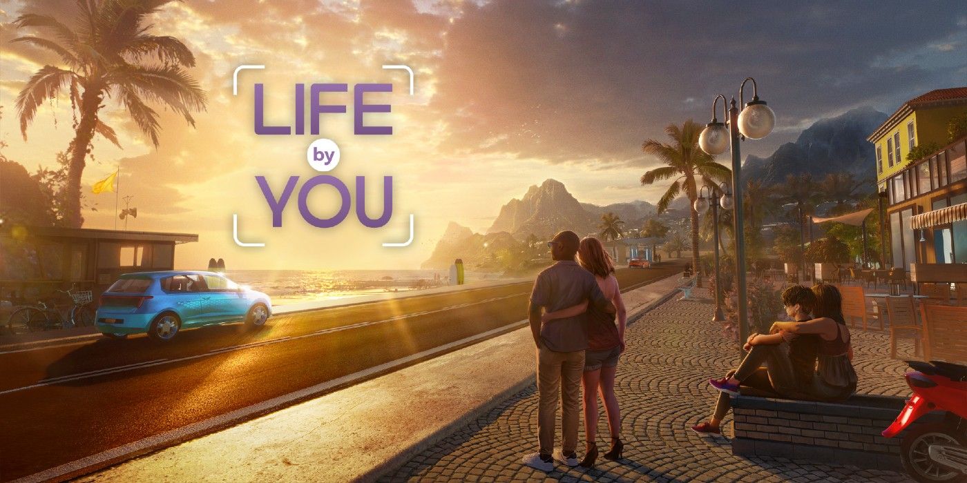 Life By You Key Art mostrando um pôr do sol e duas duplas de pessoas se abraçando com o título do jogo no céu.